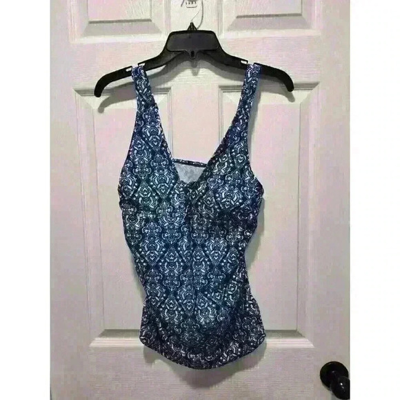 Kona Sol Swimwear Tankini Top‎ Paisley Geometric Printed Blue White Size Medium - Picture 1 of 10